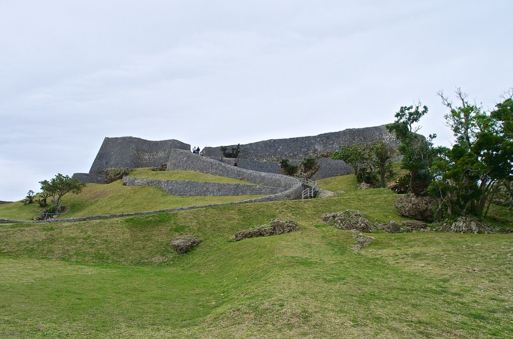 The limestone enclosures of Katsuren Castle seen from below in Uruma, Okinawa