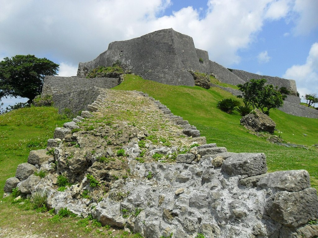 A stone path and low wall inside the Katsuren Castle ruins, Okinawa