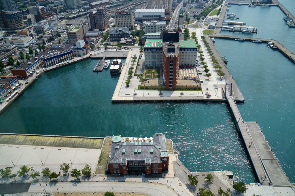 Mojiko Retro waterfront seen across the inner harbour with heritage warehouses