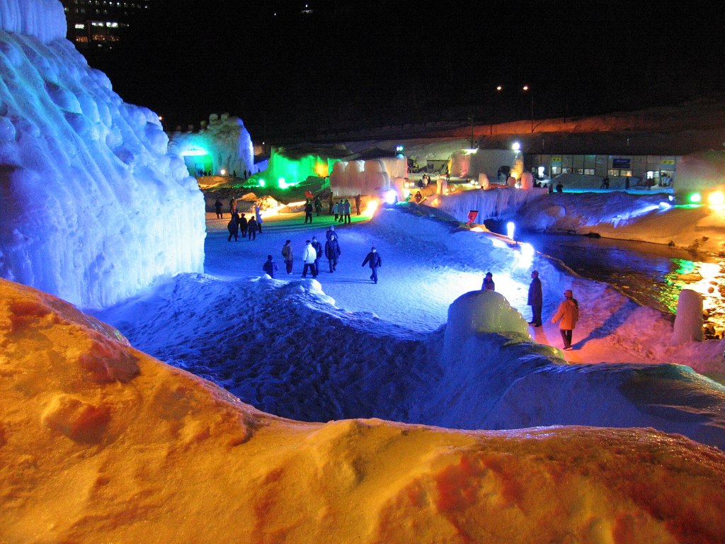 Illuminated ice structures at the Sounkyo Ice Waterfall Festival, Hokkaido