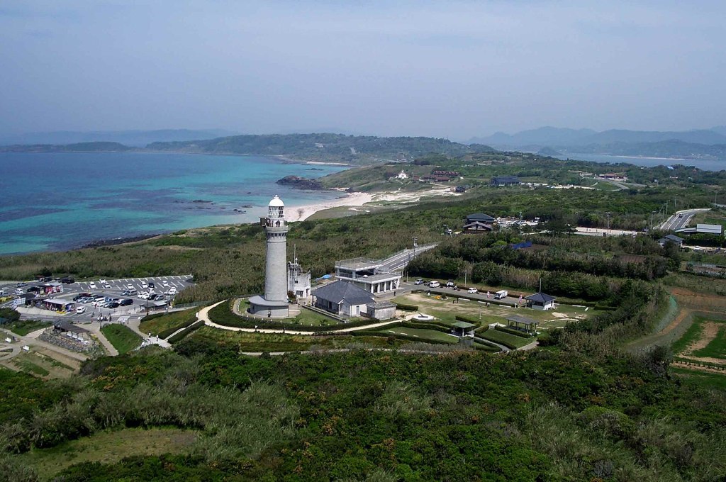 The stone Tsunoshima Lighthouse standing above the sea in Yamaguchi