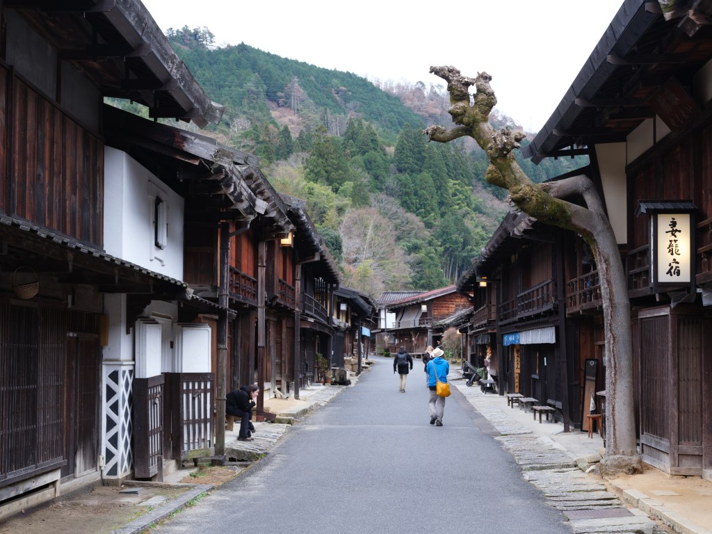 Wooden inns along the main street of Tsumago in Nagano, Japan