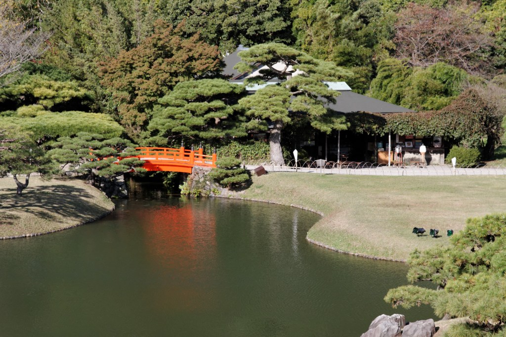 A wooden bridge over the pond at Ritsurin Garden, Takamatsu