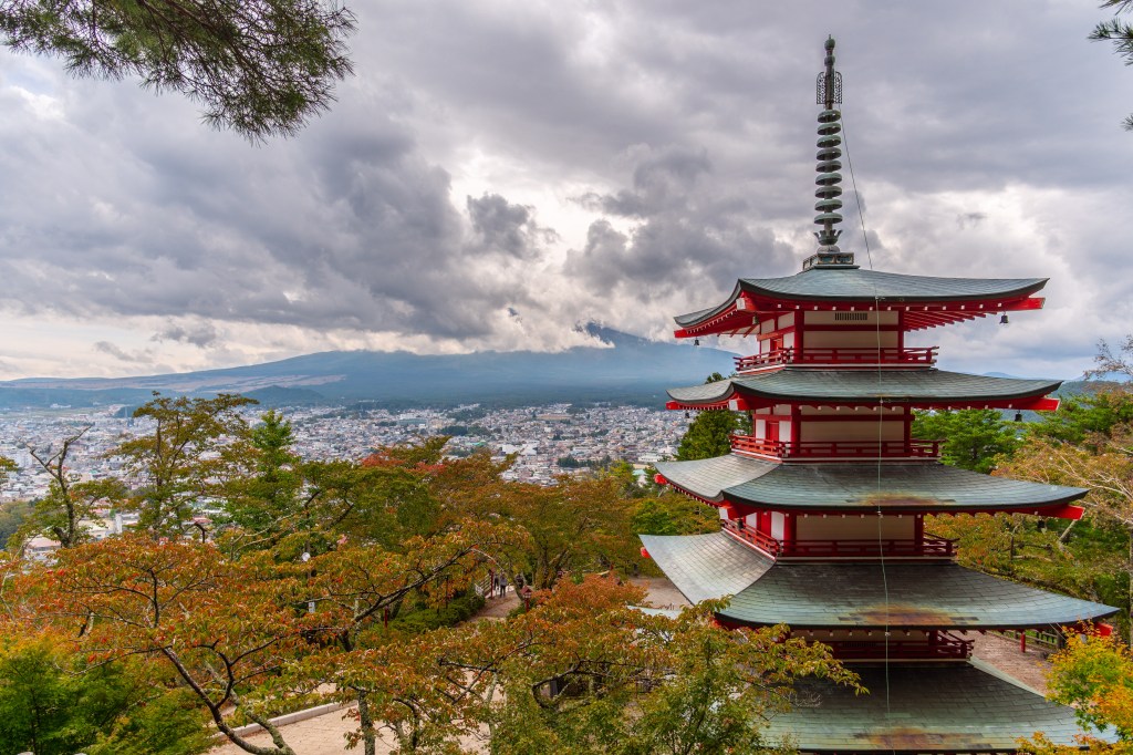 Chureito Pagoda with Mount Fuji behind it in Fujiyoshida