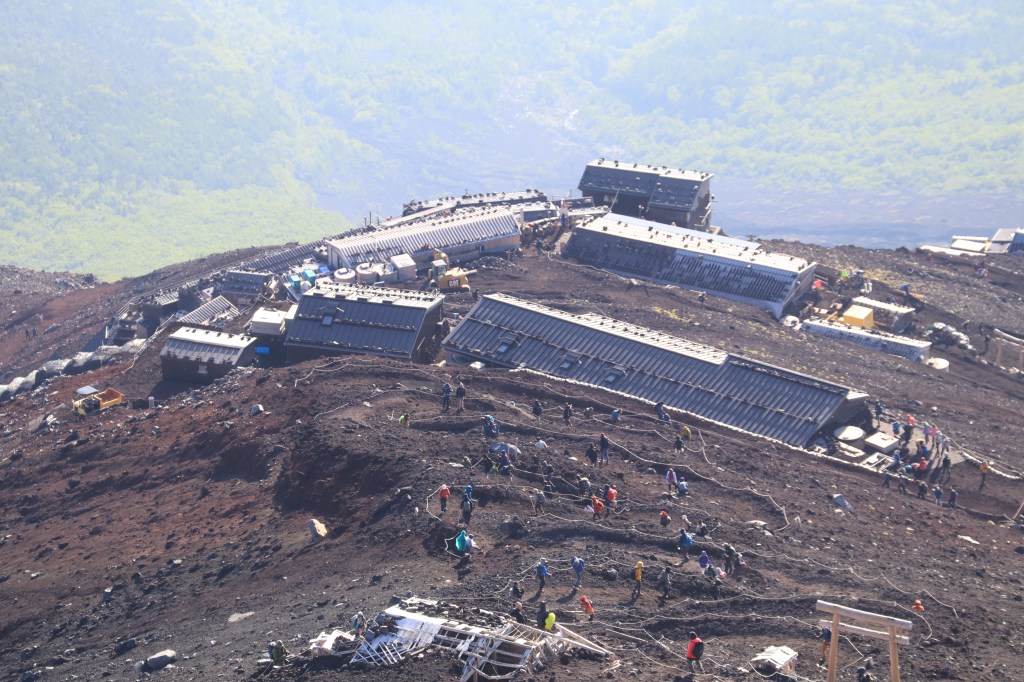 Climbers and mountain huts on the Yoshida Route of Mount Fuji