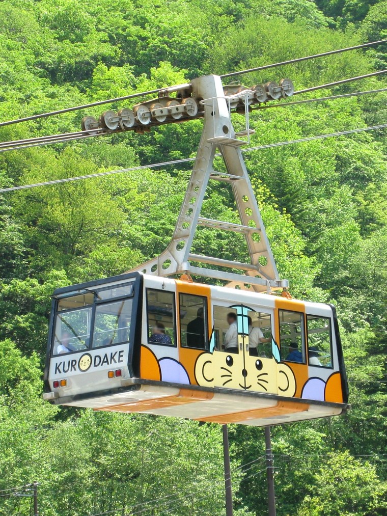 A Kurodake Ropeway gondola above the forest in Sounkyo, Hokkaido
