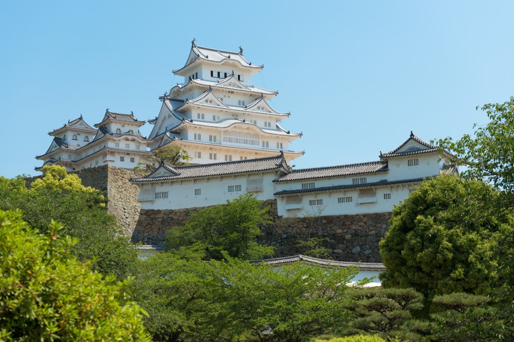 Stone walls and white plaster at Himeji Castle in Hyogo, Japan