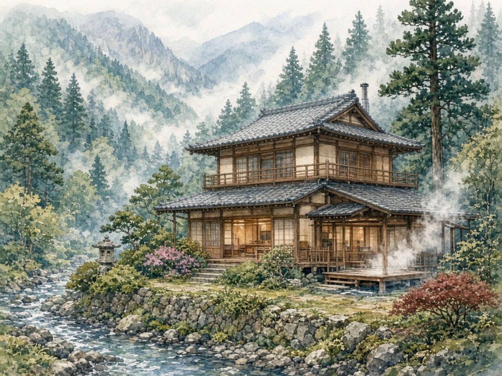 Illustrative watercolor of a spa hotel in a cedar forest (not a photo of Spa Hotel Alpina)