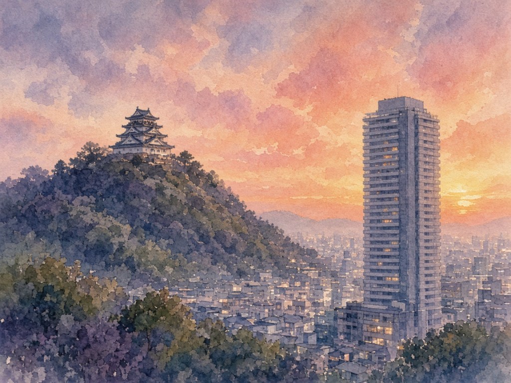 Illustrative watercolor of a city hotel by a castle hill (not a photo of ANA Crowne Plaza Matsuyama)