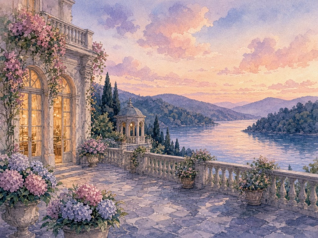 Illustrative watercolor of a grand island hotel (not a photo of Arimoto)