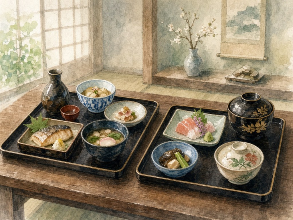 Illustrative watercolor of a Kaga kaiseki meal (not a photo of Asadaya)