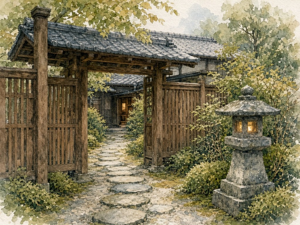 Illustrative watercolor of a Kanazawa ryokan gate (not a photo of Ryokan Asadaya)