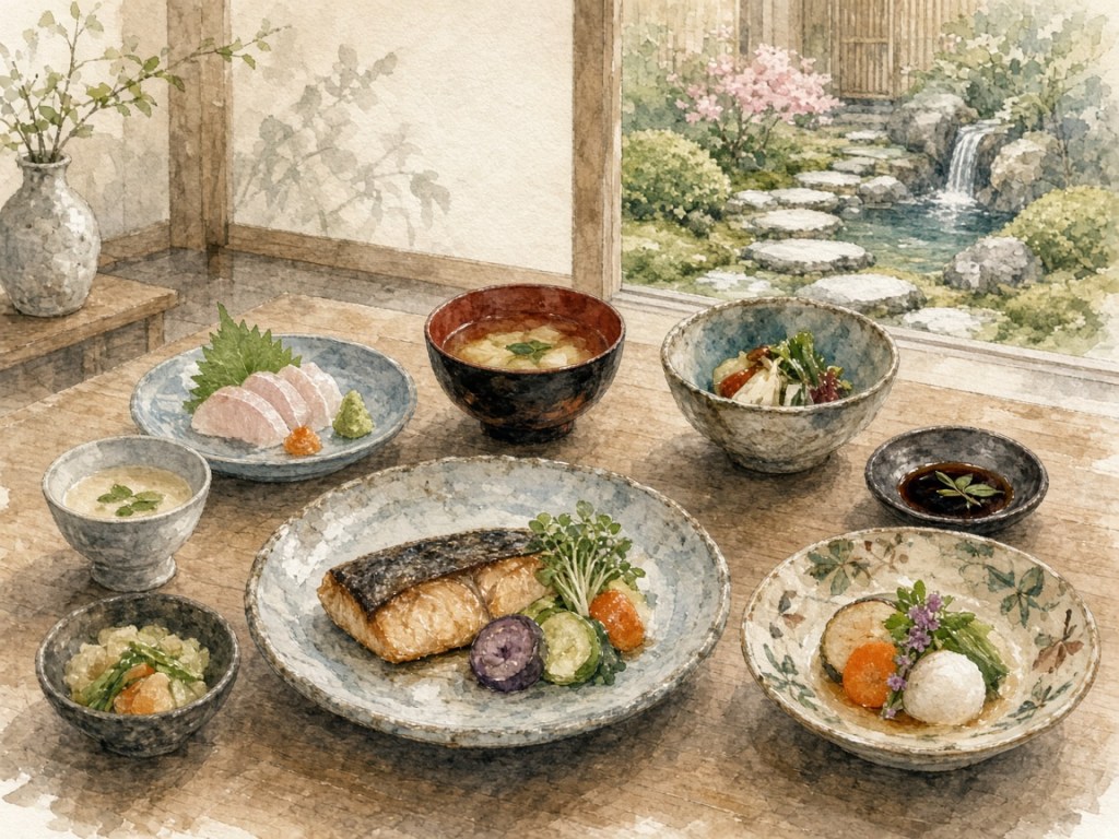 Illustrative watercolor of a spa-hotel meal (not a photo of Ayana)
