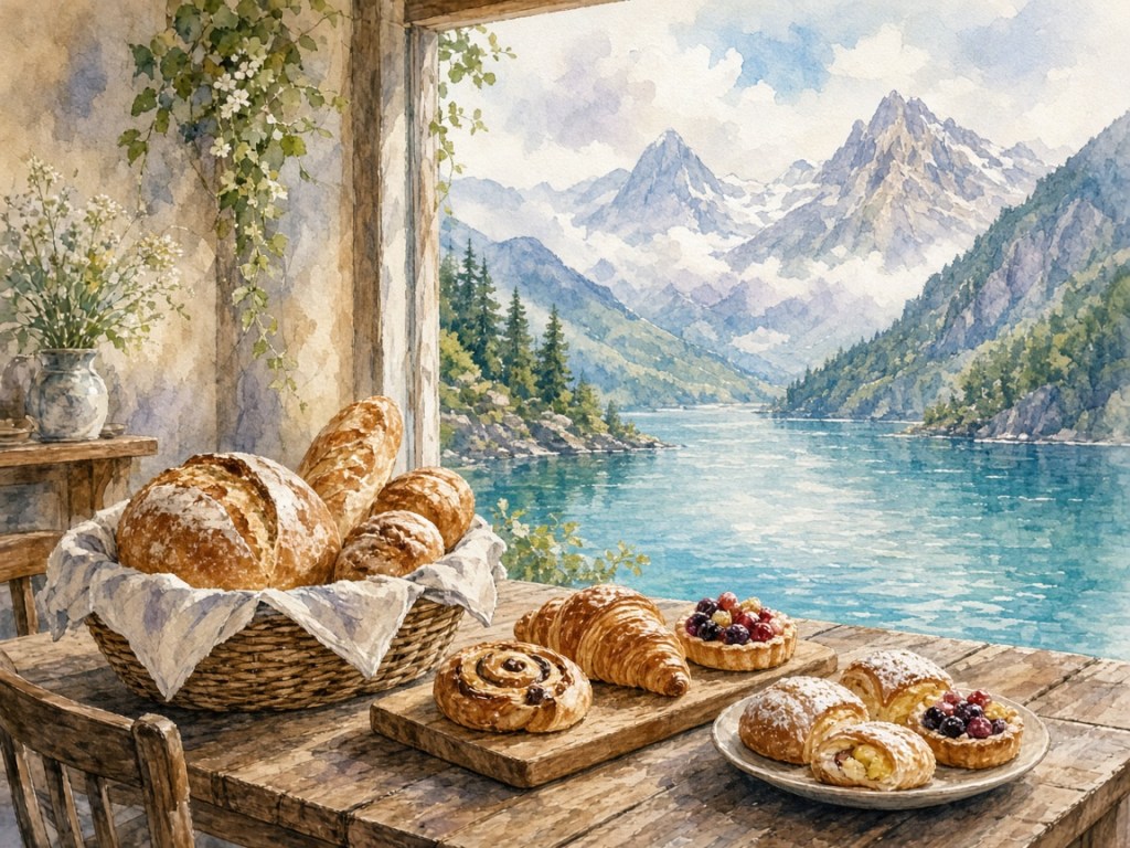 Illustrative watercolor of a lakeside bakery cafe (not a photo of Bakery and Table Hakone)