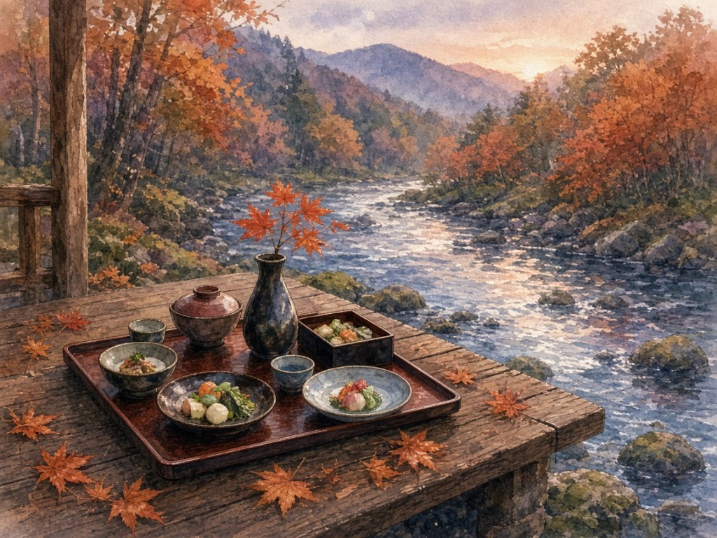 Illustrative watercolor of Kyoto-style kaiseki by a mountain stream (not a photo of Kibune Beniya)