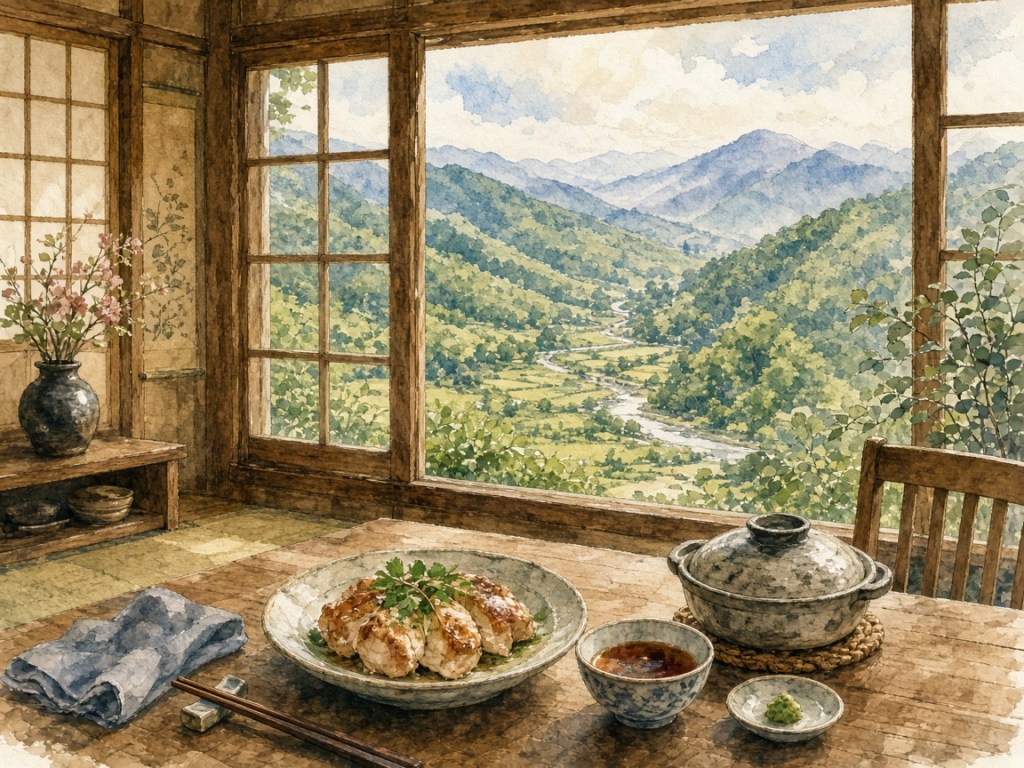 Illustrative watercolor of a countryside restaurant (not a photo of Chiho no Ie)
