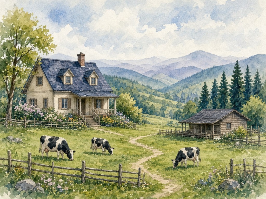 Illustrative watercolor of a Hokkaido farmstay (not a photo of Farmstay Chiyoda)