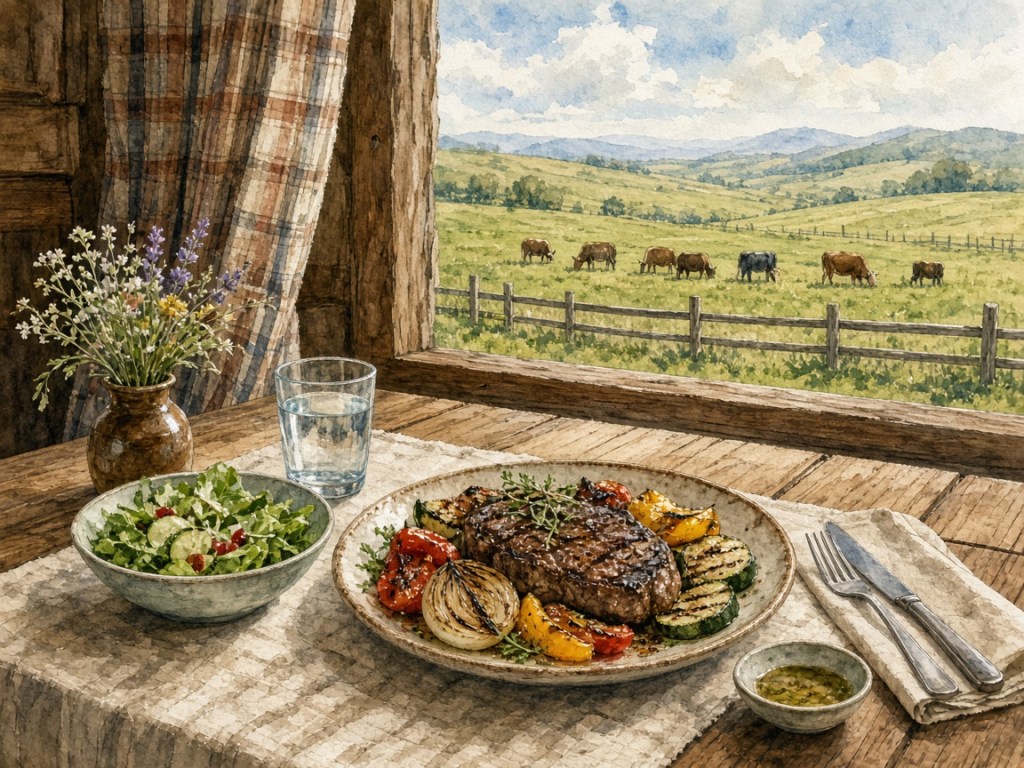 Illustrative watercolor of a ranch restaurant (not a photo of Farms Chiyoda)