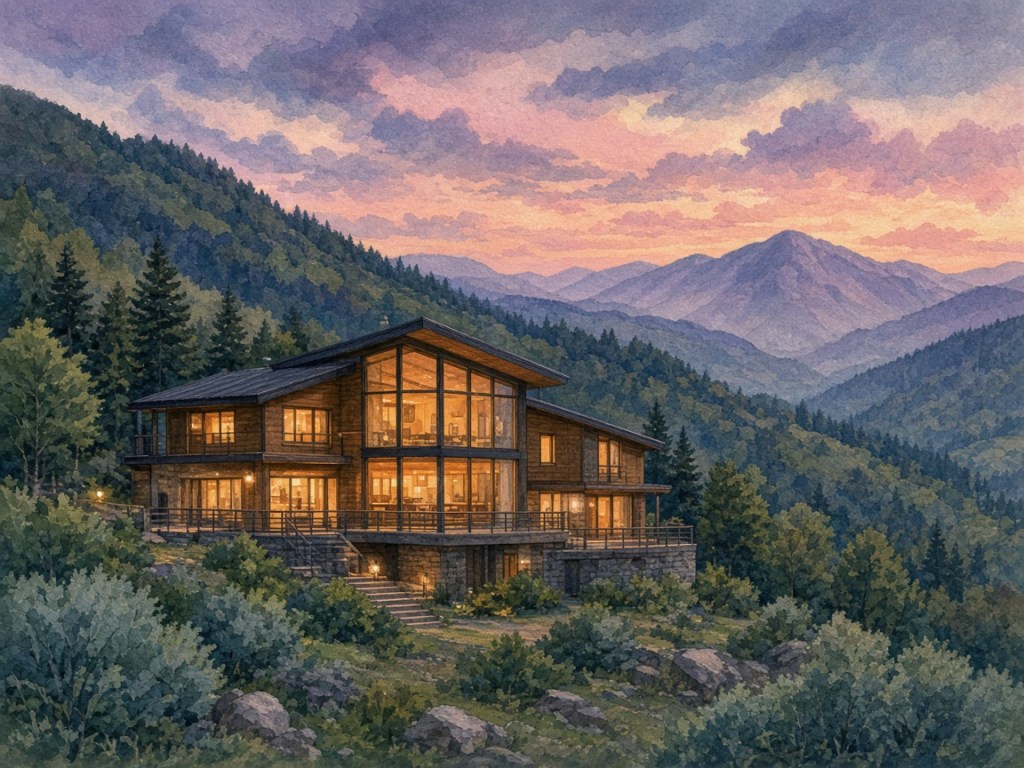 Illustrative painting of a small mountain hotel (not a photo of CURIO Shirakawa-go)