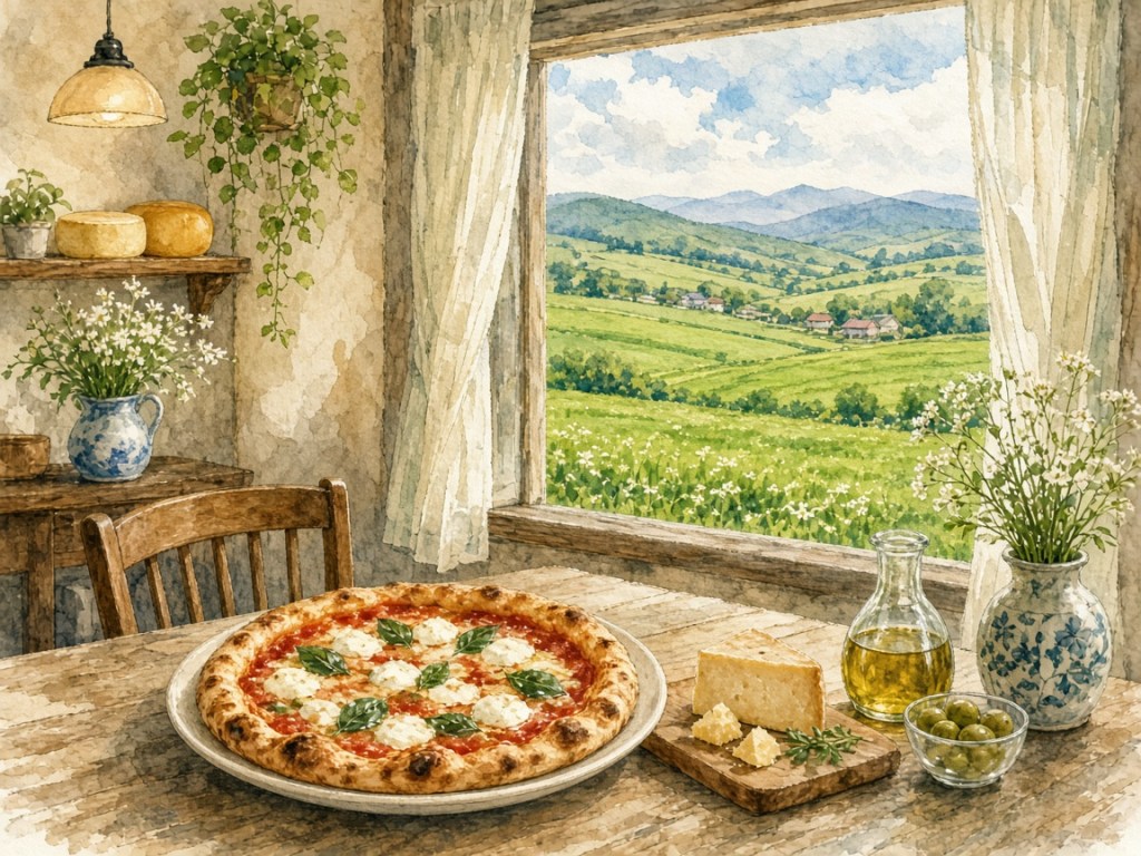 Illustrative watercolor of a countryside cheese cafe (not a photo of Furano Cheese Factory)