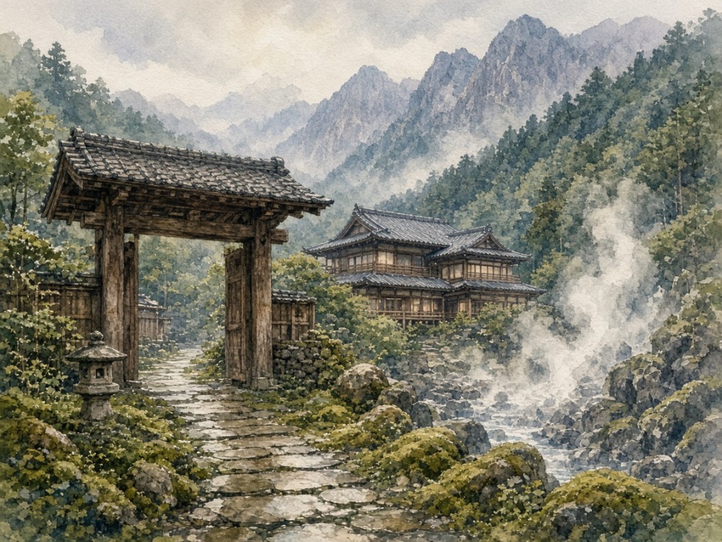 Illustrative watercolor of a mountain ryokan (not a photo of Gora Kadan)