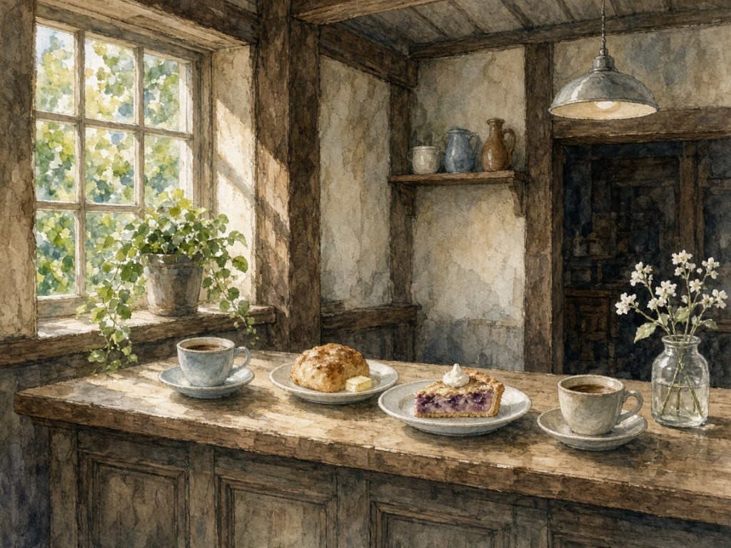 Illustrative watercolor of a merchant-house cafe (not a photo of Gungendo)