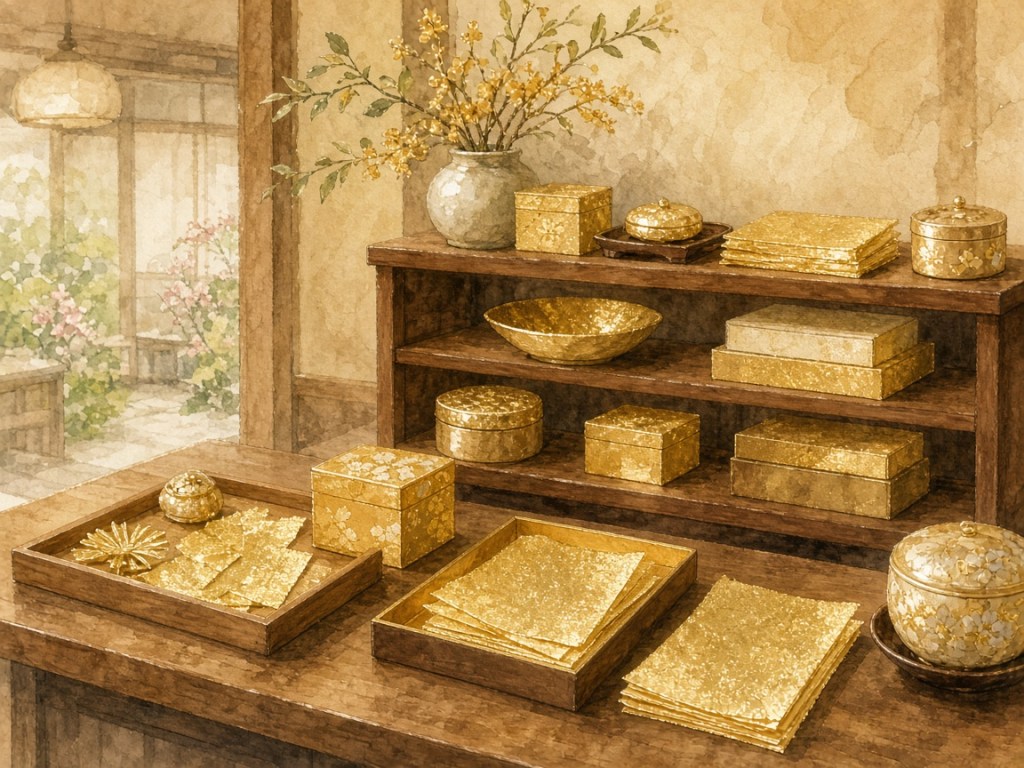 Illustrative watercolor of gold-leaf crafts (not a photo of Hakuichi)