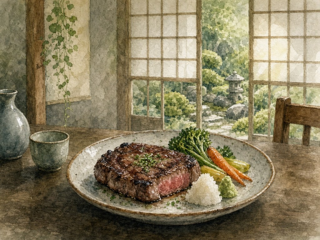Illustrative watercolor of a steak dinner (not a photo of Steakhouse Hanayashiki)