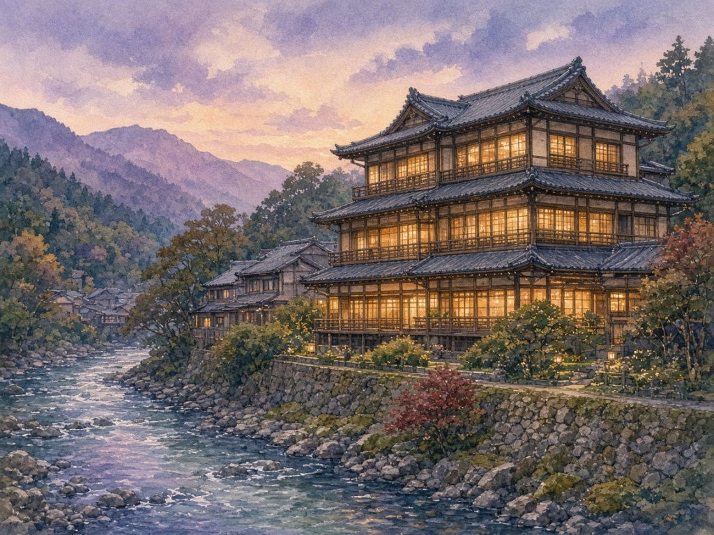 Illustrative watercolor of a riverside mountain hotel (not a photo of Hida Hotel Plaza)