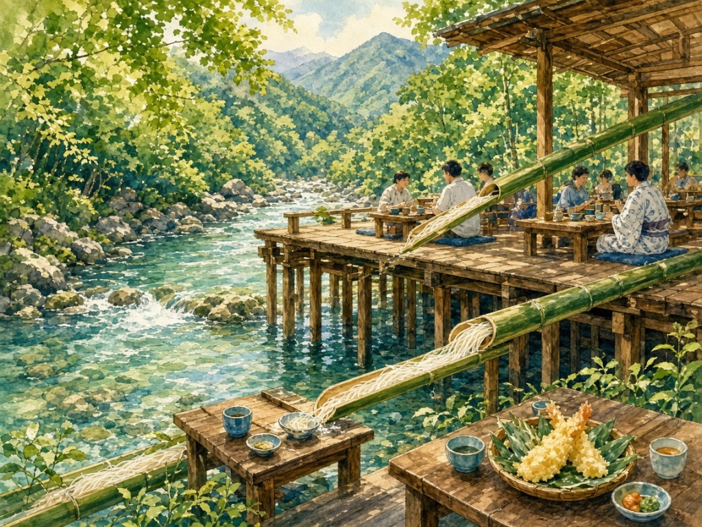 Illustrative watercolor of Japanese riverside kawadoko dining and nagashi somen mood (not a photo of Hirobun)