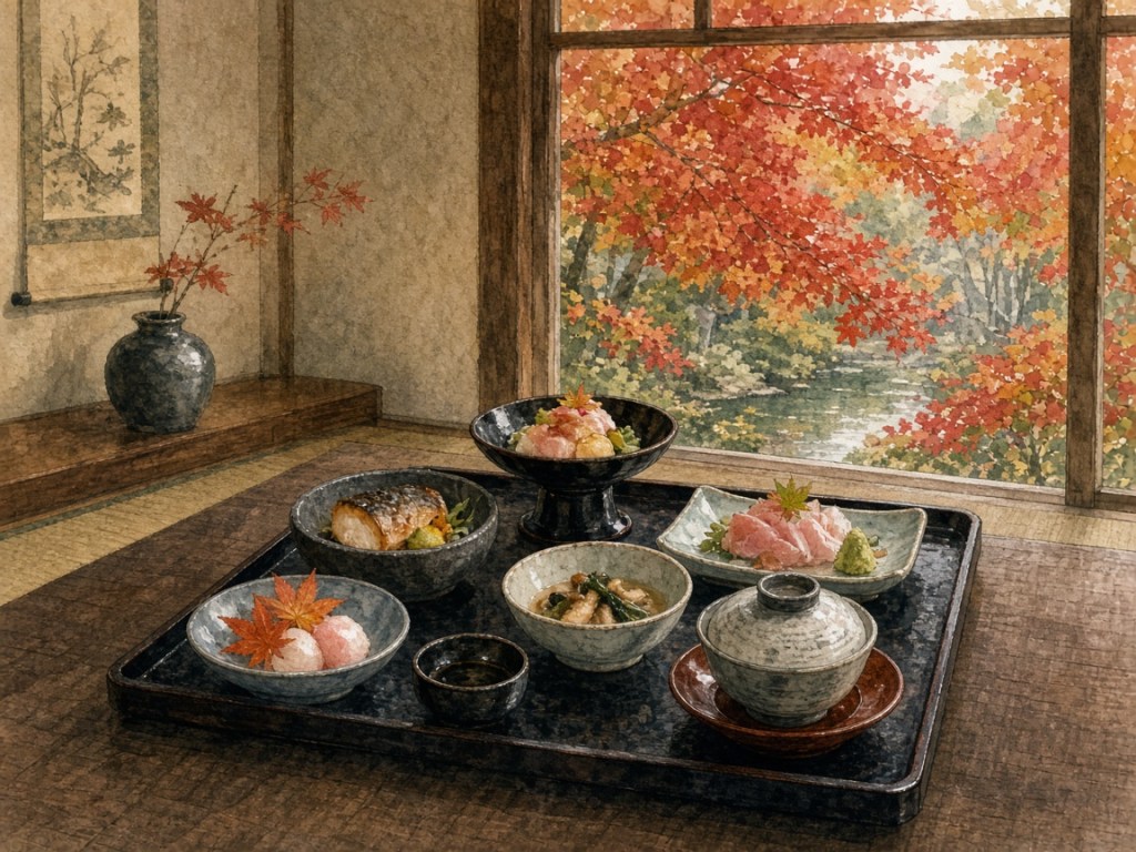 Illustrative watercolor of a seasonal kaiseki meal (not a photo of Iwaso dining)