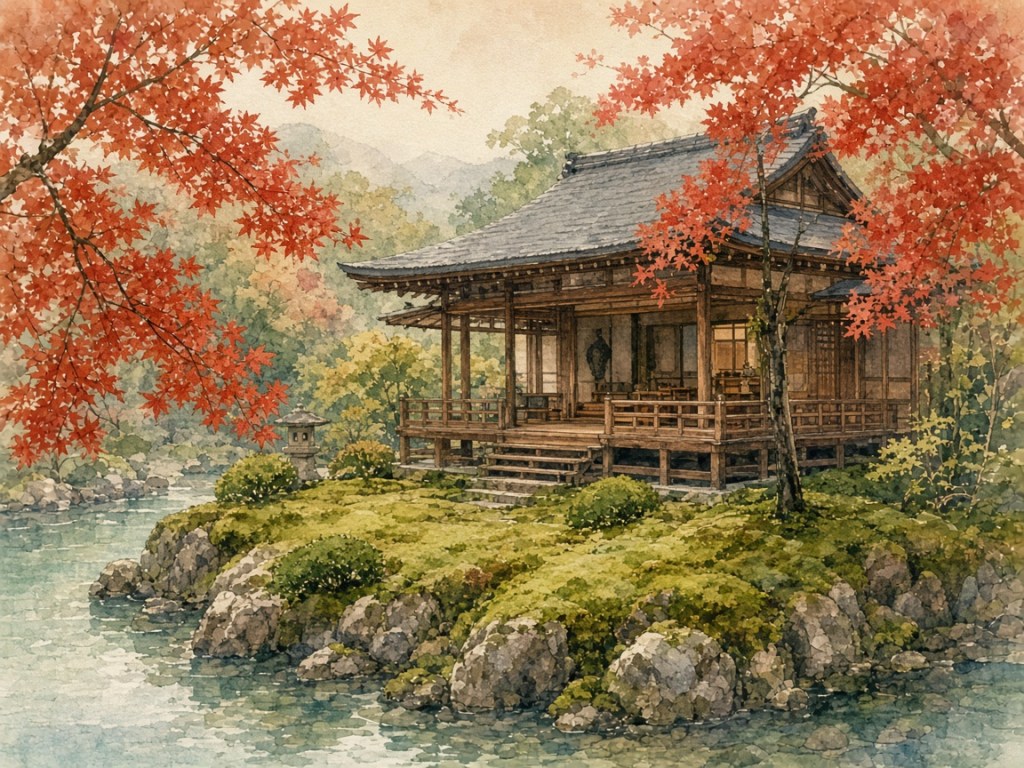 Illustrative watercolor of an island ryokan (not a photo of Iwaso)