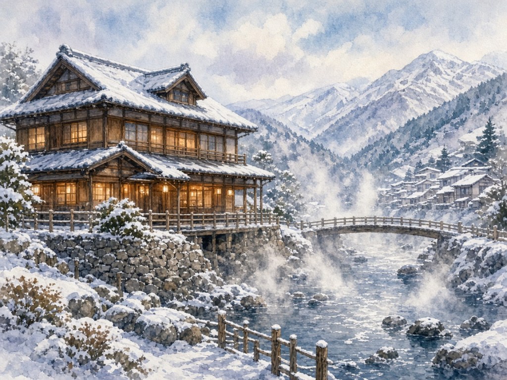 Illustrative watercolor of a riverside hot-spring inn (not a photo of Izunohana)