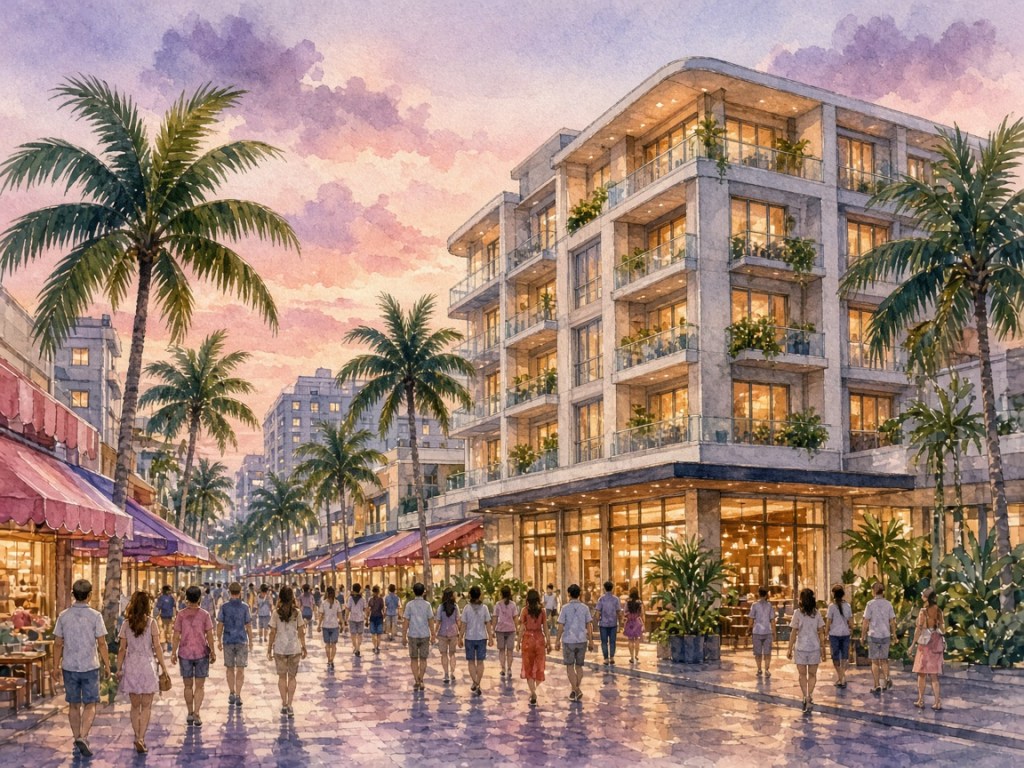 Illustrative watercolor of a city hotel on a tropical shopping street (not a photo of Hotel JAL City Naha)