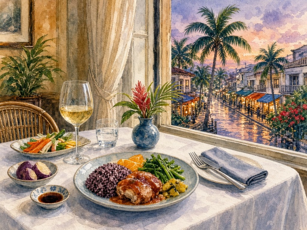Illustrative watercolor of an Okinawan hotel meal (not a photo of Restaurant Bon Appetit)