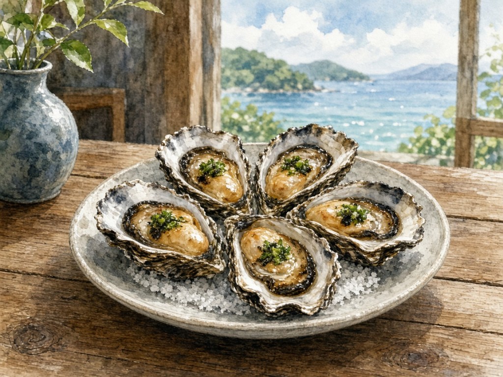 Illustrative watercolor of grilled oysters (not a photo of Kakiya)
