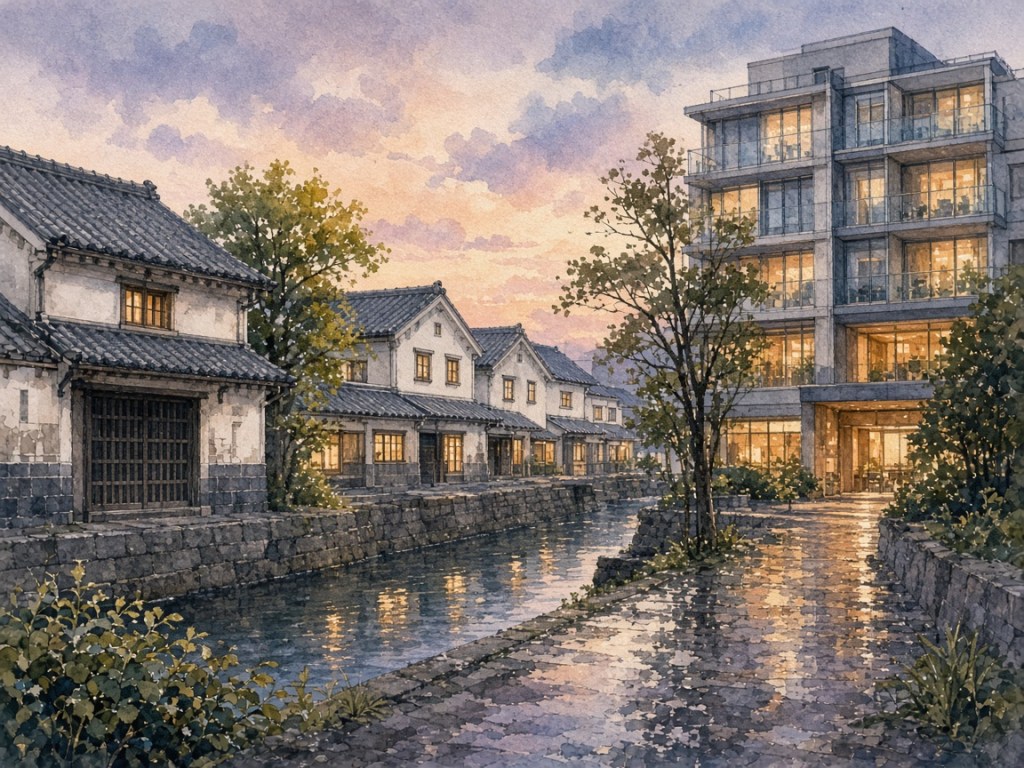 Illustrative watercolor of a city hotel near warehouse streets (not a photo of Kawagoe Prince Hotel)