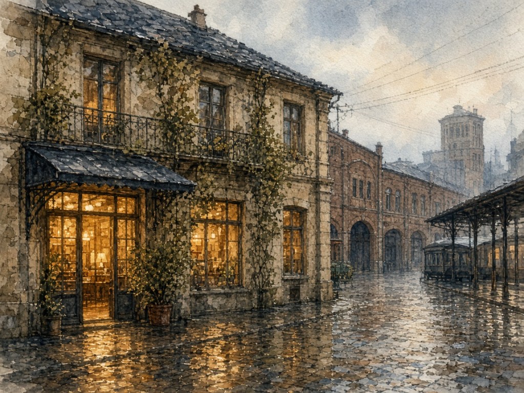 Illustrative watercolor of a station-side hotel (not a photo of Kawagoe Tobu Hotel)