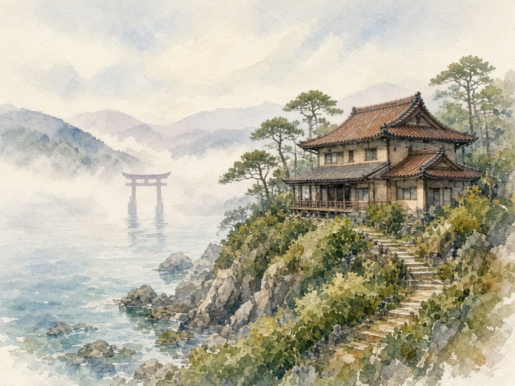 Illustrative watercolor of an island hotel (not a photo of Kikunoya)
