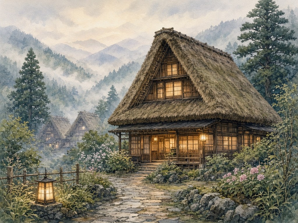 Illustrative watercolor of a gassho farmhouse inn (not a photo of Koemon)