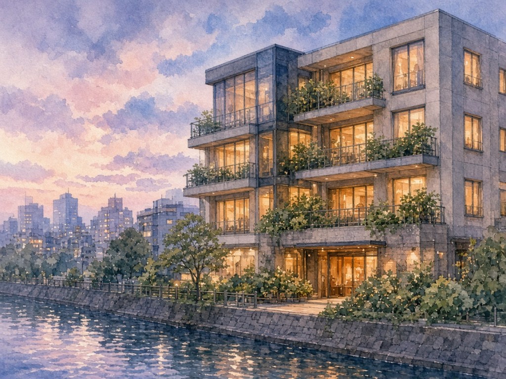 Illustrative watercolor of a canal-side hotel (not a photo of Kurashiki Kokusai Hotel)