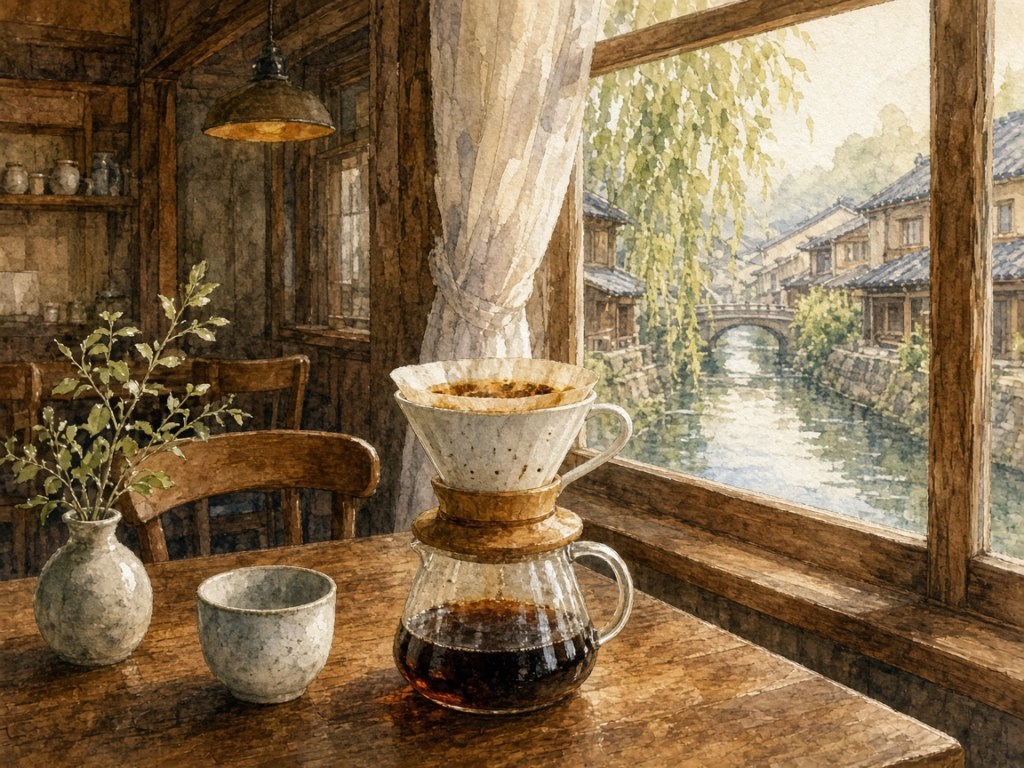 Illustrative watercolor of a Japanese coffee shop (not a photo of Kurashiki Coffee Kan)