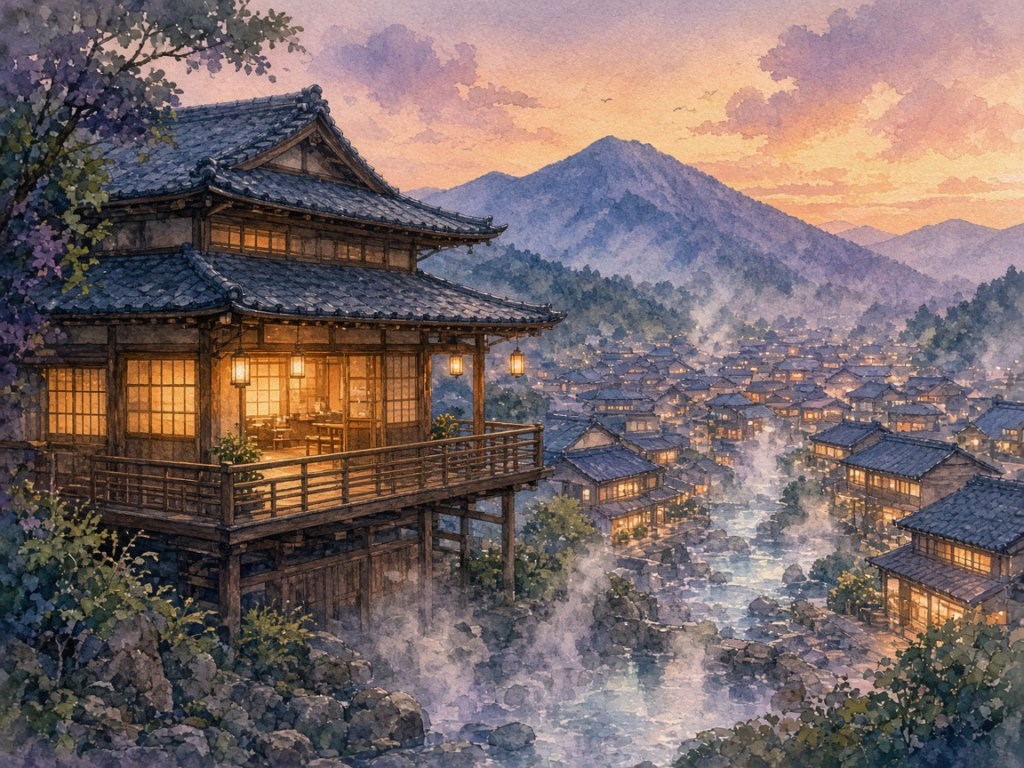 Illustrative watercolor of an onsen hotel (not a photo of Kusatsu Onsen Hotel Village)