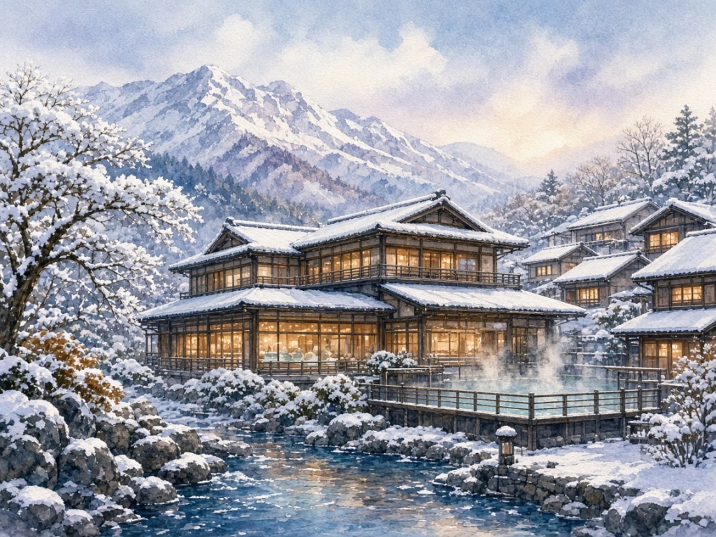Illustrative watercolor of a mountain onsen resort (not a photo of Kusatsu Now Resort Hotel)