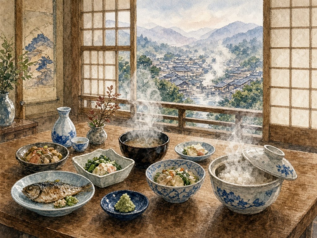 Illustrative watercolor of a hot-spring hotel meal (not a photo of Hotel Village restaurants)