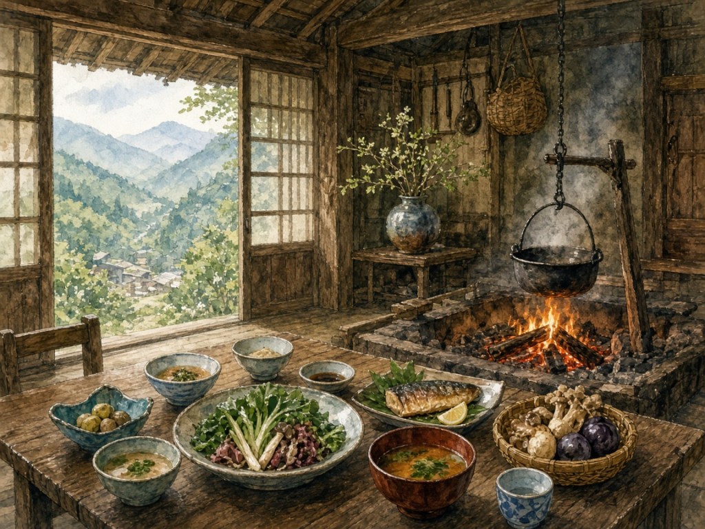 Illustrative watercolor of a mountain farmhouse meal (not a photo of Magoemon)