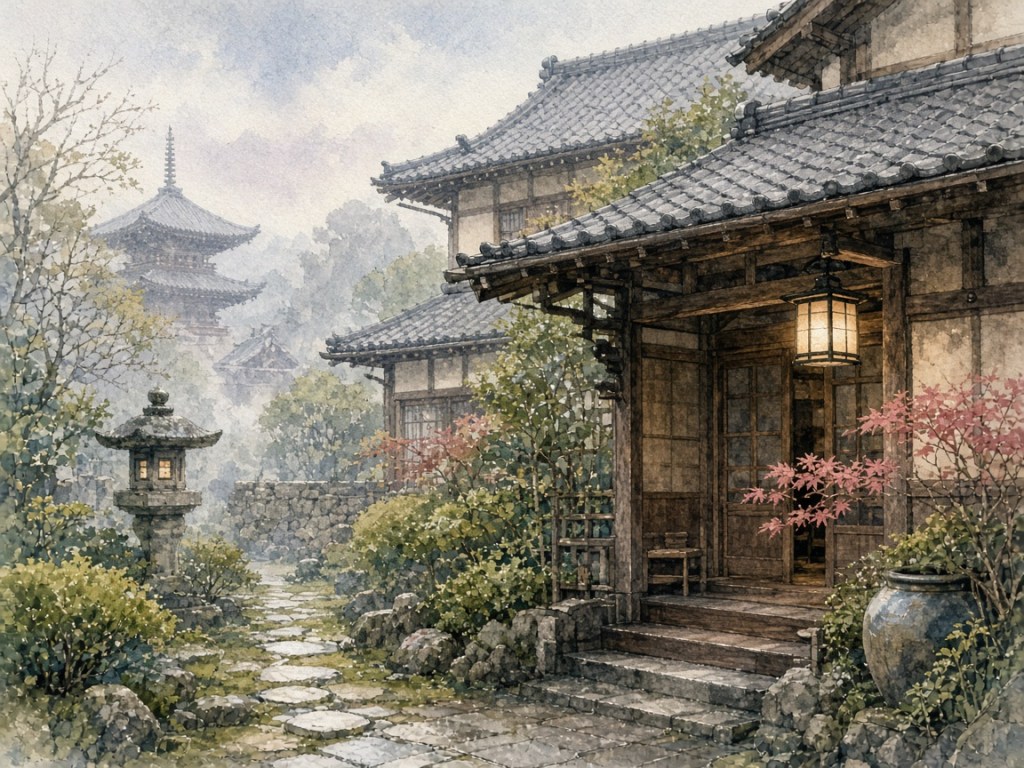 Illustrative watercolor of a temple-town ryokan (not a photo of Ryokan Maizuru)