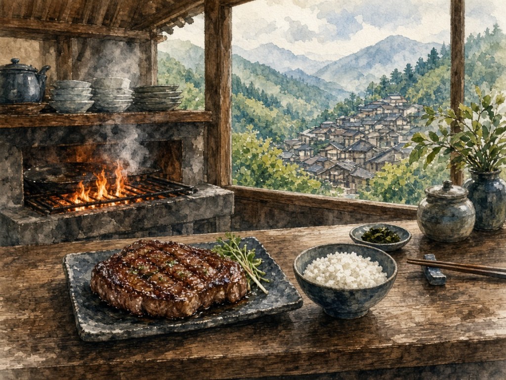 Illustrative watercolor of a Japanese beef meal (not a photo of Maruaki)