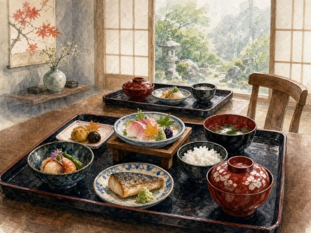 Illustrative watercolor of a hotel guest dinner (not a photo of Hotel Musashibou)
