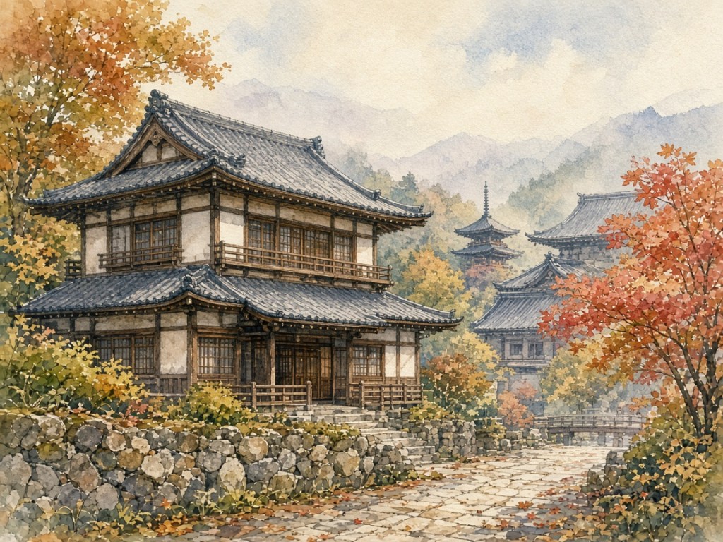Illustrative watercolor of a temple-town hotel (not a photo of Hiraizumi Hotel Musashibou)